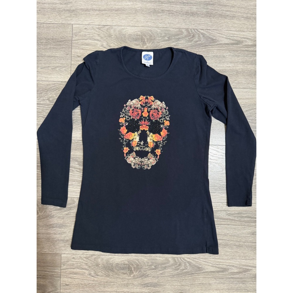DG2 Diane Gilman Cotton Blend Tee‎ XS Navy Blue Floral Skull Studded Long Sleeve